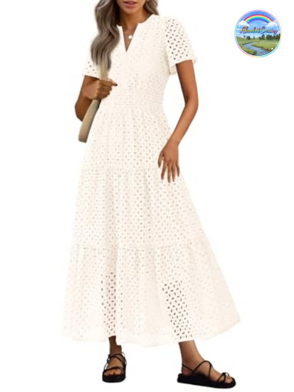 PRETTYGARDEN Women's Eyelet Maxi Dress - V-Neck A-Line Ruffle Summer Beach